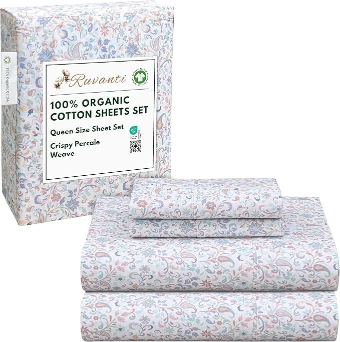 Safe RUVANTI Organic Cotton Sheets Queen Size Percale Weave GOTS 4-Piece Set Deep Pocket 15 quot Crisp amp Breathable Soft Durable Bedding Sábanas Algodón Orgánico – Multi Paisley Clean