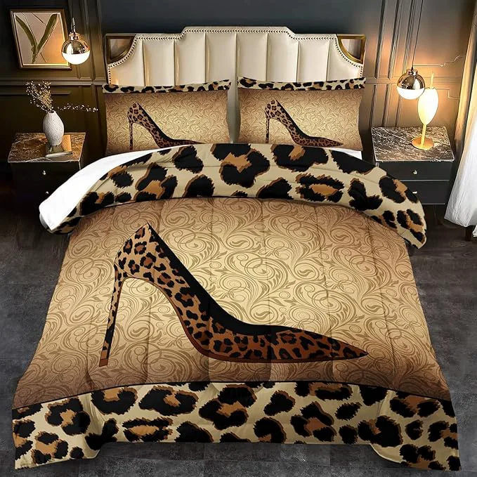 World-Class Leopard Comforter Set King Girls Sexy High Heel Comforter for Women Leopard Print Bedding Set King Adult High Heel Quilt Bedroom Decor African Animal Print Bedding Quilt Effective
