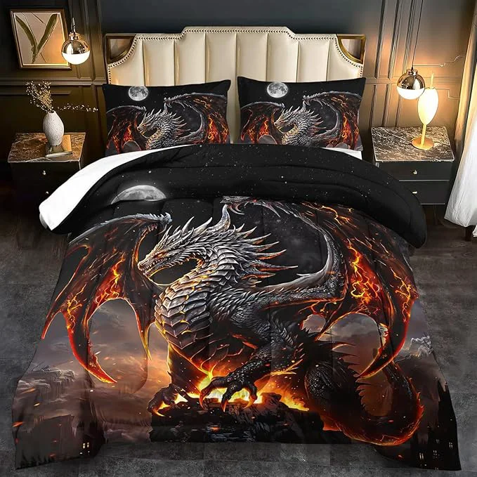 Powerful Black Dragon Comforter Set King Adult Flame Dragon Bedding Set for Boys al Beast Bedding Fantasy Animal Comforter Beedroom Decor al Beast Quilt Bed Decor Quality