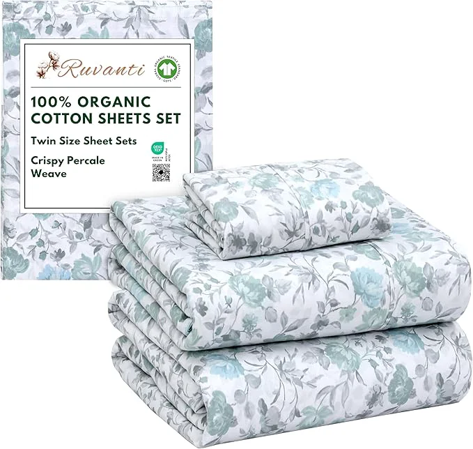 Carefully Designed RUVANTI Organic Cotton Sheets Twin Size Percale Weave GOTS 3-Piece Set Deep Pocket 15 quot Crisp amp Breathable Soft Durable Bedding Sábanas Algodón Orgánico – Cold Chrysanthemum User-Friendly
