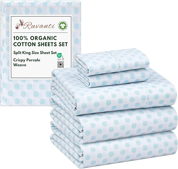 Prestigious RUVANTI Organic Cotton Sheets Split King Percale Weave GOTS 5-Piece Set Deep Pocket 15 quot Crisp amp Breathable Soft Durable Bedding Sábanas Algodón Orgánico – Circle Imprint User-Friendly