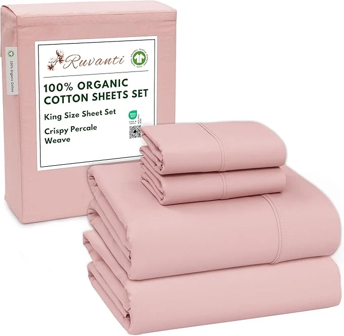 Exclusive RUVANTI Organic Cotton Sheets King Size Percale Weave GOTS 4-Piece Set Deep Pocket 15 quot Crisp amp Breathable Soft Durable Bedding Sábanas Algodón Orgánico – Peach Skin Trendy