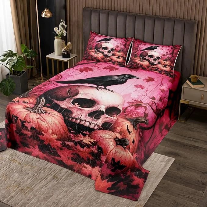 Proven Happy Halloween Kid Bedspread King Size Human Skeleton Skull Crow Maple Leaves Coverlet Set Boys Girls Room Decor Thanksgiving Day Pumpkin Quilted Coverlet Gothic Pink Bedding Quilt 2 Pillowcases Solid