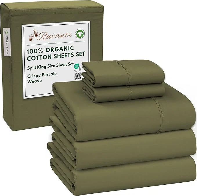 Professional RUVANTI Organic Cotton Sheets Split King Percale Weave GOTS 5-Piece Set Deep Pocket 15 quot Crisp amp Breathable Soft Durable Bedding Sábanas Algodón Orgánico – Olive Dependable