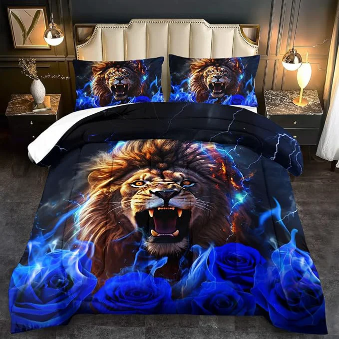 Smooth Lion Blue Comforter Set Full Lion Bedding Set Boys Animal Print Comforter Bedroom Decor for Home Vintage Floral Quilt Blue Flower Bedding Adult Tiger Quilt Bed Decor Teen Advanced
