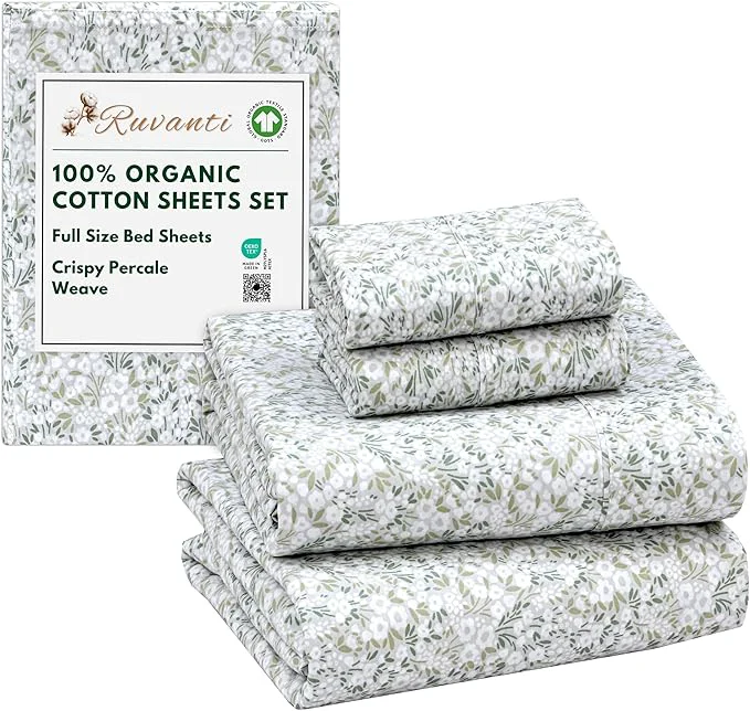Artisan RUVANTI Organic Cotton Sheets Full Size Percale Weave GOTS 4-Piece Set Deep Pocket 15 quot Crisp amp Breathable Soft Durable Bedding Sábanas Algodón Orgánico – Floral Rush Practical