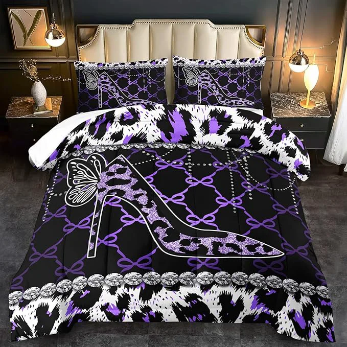 Crafted Purple Cheetah Print Comforter Set King Women Sexy High Heels Leopard Print Bedding Set Girls High Heels Leopard Comforter Quilt Animal Bedroom Decor Cheetah Bedding Bed Decor High-Quality