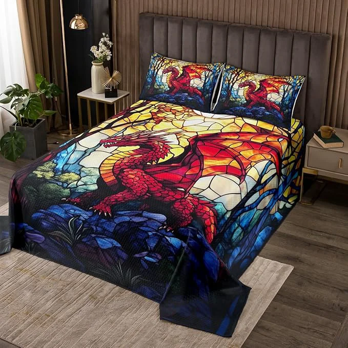 Durable Western Dragon Kids Bedspread Queen Size Pine Tree Artwork Life Glass Dragon Coverlet Set Boys Girls Room Decor Geometric Patchwork Abstract Quilted Coverlet Red Retro Bedding Quilt 2 Pillowcases Efficient