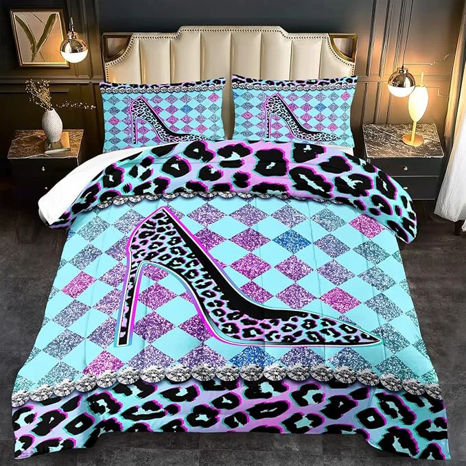 Exclusive Rainbow Cheetah Print Comforter Set Queen Girls Sexy High Heels Leopard Print Bedding Set Women High Heels Leopard Comforter Quilt Bedroom Decor Animal Cheetah Bedding Bed Decor Durable