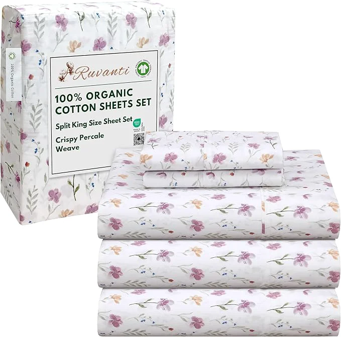 Eco-Friendly RUVANTI Organic Cotton Sheets Split King Percale Weave GOTS 5-Piece Set Deep Pocket 15 quot Crisp amp Breathable Soft Durable Bedding Sábanas Algodón Orgánico – Obsessed Stems Quality