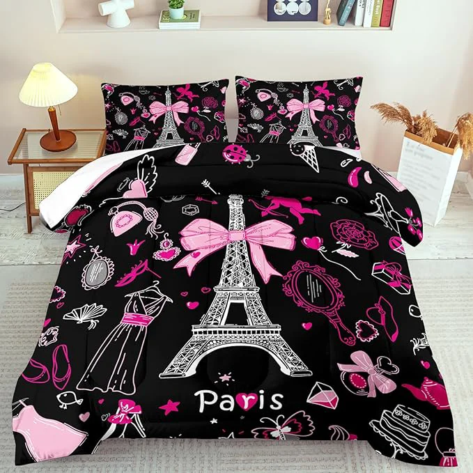 High-Performance Eiffel Tower Comforter Set Full Size Eiffel Tower Bedding Set for Girls Pink and Black Paris Themed Comforter Bedroom Decor Paris Quilt French Style Romantic Bedding Selected