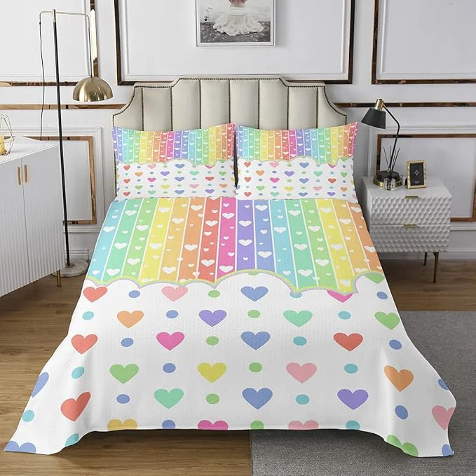 Premium Material Manfei Cartoon Rainbow Kids Bedspread Queen Size Wave Points Love Heart Dreamy Style Coverlet Set Girls Women Room Decor Colorful Geometric Stripes Quilted Coverlet Chic Bedding Quilt 2 Pillowcases Prestigious