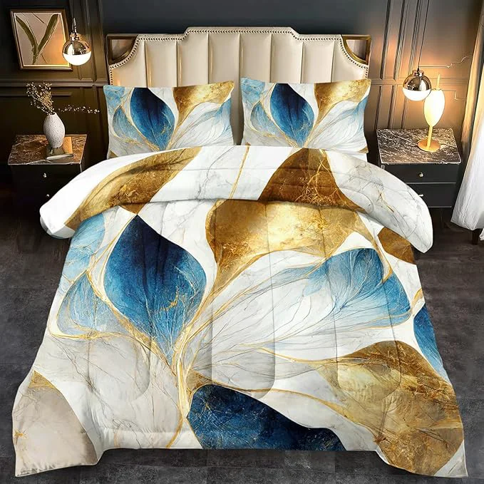 Carefully Designed Vintage Floral Comforter Set King Size Women Marble Flower Bedding Set King Marble Blue Flower Bed Comforter Blue and Gold Floral Quilt Bedroom Decor for Kids and Adults Practical