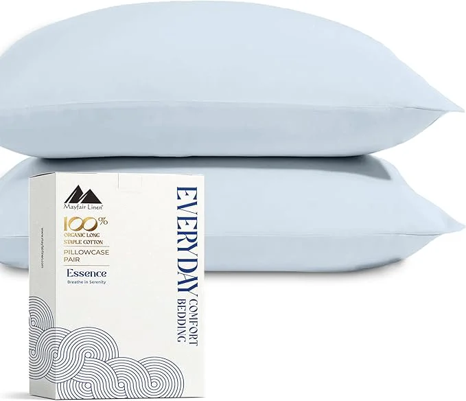 Premium Material Mayfair Linen Organic Cotton Percale Pillow Cases Queen Standard Size Set of 2 – Percale Pillowcovers Standard Queen Light Blue Soft Cooling Pillow Case for Sleeping Cotton Pillowcases Efficient