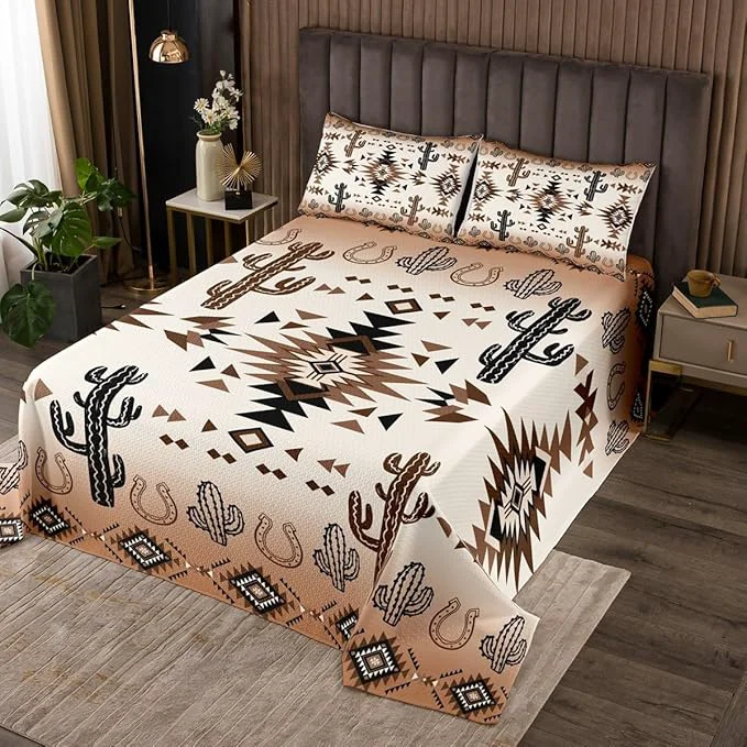 Versatile Manfei Geometric Aztec Kids Bedspread Queen Size Horseshoe Cactus Rustic Cottage Coverlet Set Boys Girls Room Decor Southwest Western Cowboy Tribal Quilted Coverlet Retro Bedding Quilt 2 Pillowcases Refined