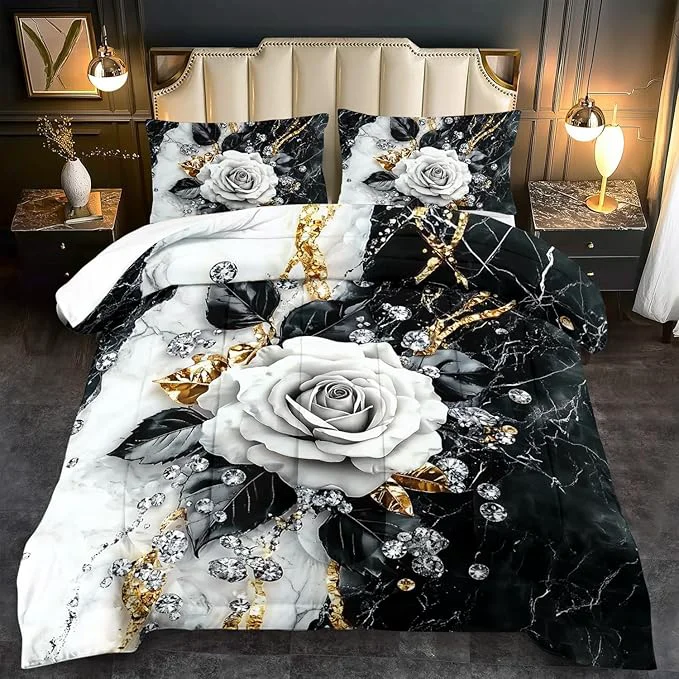 Environmentally Friendly Marble Floral Comforter Set for King Bed Women Vintage Flower Bedding Set King White and Black Comforter Rose Quilt for Girls Rose Bedding Floral Bedroom Decor Adults Artisan