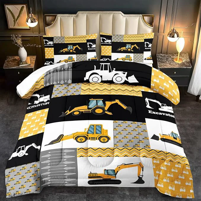Reliable Construction Comforter Set Queen Boys Yellow Queen Construction Bedding Set Engineering Vehicles Comforter Yellow Bedroom Decor Kids Truck Quilt Cartoon Truck Bedding for Teen Safe