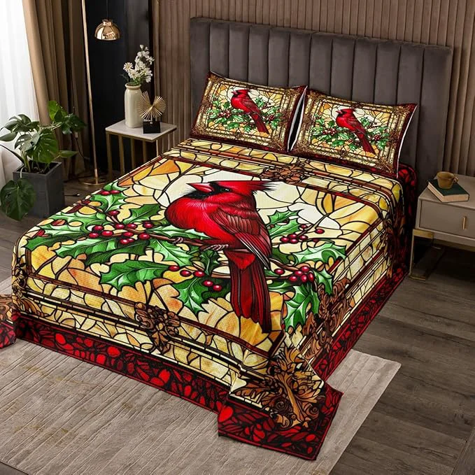 Efficient Christmas Cardinal Kids Bedspread Queen Size Red Bird Poinsettia Flower Merry Christmas Coverlet Set Boys Girls Room Decor Glass Paint Geometric Quilted Coverlet Xmas Bedding Quilt 2 Pillowcases Top-Quality