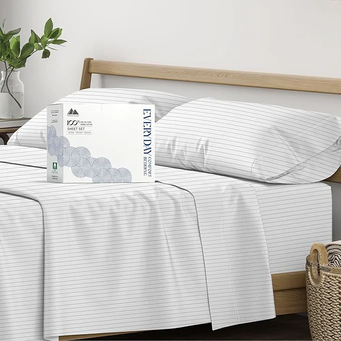 Consistent Mayfair Linen Organic Cotton Printed Sheets Twin XL Size – Percale Weave Cotton Twin XL Size Sheet Set 4 PC Light Grey Pinstripe Soft amp Crisp GOTS Cooling Sheets 16 quot Deep Pocket Responsible