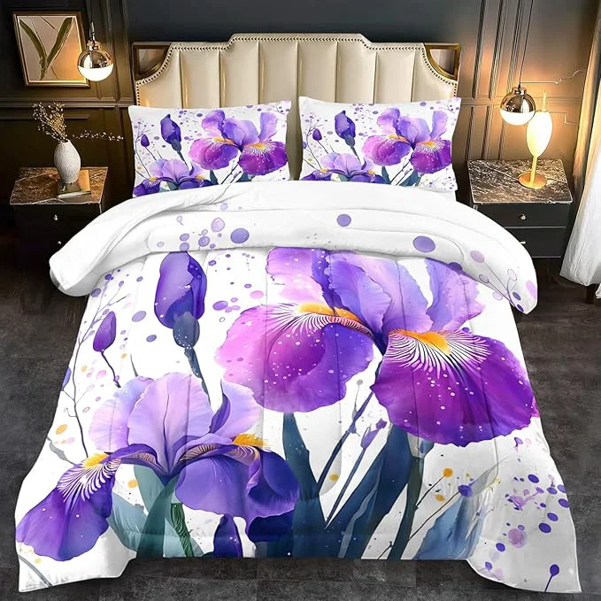 Quality Purple Floral Comforter Set Full Size Woman Purple Iris Comforter for Girls Pink Flower Bedding Set Full Bedroom Decor Floral Bedding Quilt Bed Decor Pink for Kids and Adults Proven
