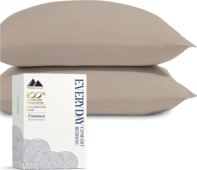 Smooth Mayfair Linen Organic Cotton King Size Pillow Cases Set of 2 – Soft Hotel Quality Covers for King Size Pillows Taupe GOTS Crisp Cooling Percale Weave Cotton Pillowcases Fine