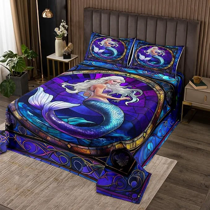 Minimalist Mermaid Kids Bedspread Queen Size Mermaid Scale Marine Ocean Animal Geometric Coverlet Set Boys Girls Room Decor Tale Princess Dreamy Quilted Coverlet Purple Unique Bedding Quilt 2 Pillowcases Innovative