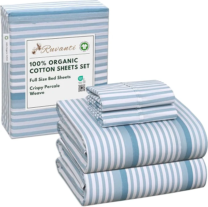 Premium RUVANTI Organic Cotton Sheets Full Size Percale Weave GOTS 4-Piece Set Deep Pocket 15 quot Crisp amp Breathable Soft Durable Bedding Sábanas Algodón Orgánico – Nautical Stripes User-Friendly