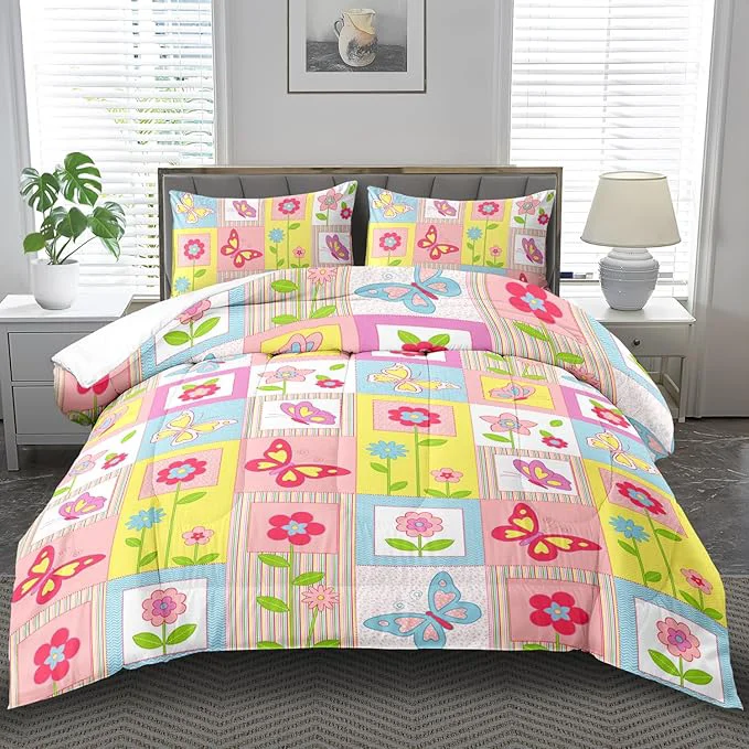 Breathable Pink Butterfly Kids Comforter Set Full Girls Floral Bedding Set Girls Pink Grid Comforter Kids Quilt Bedroom Decor White Purple Blue Pink Butterfly Bedding Bed Decor Elite