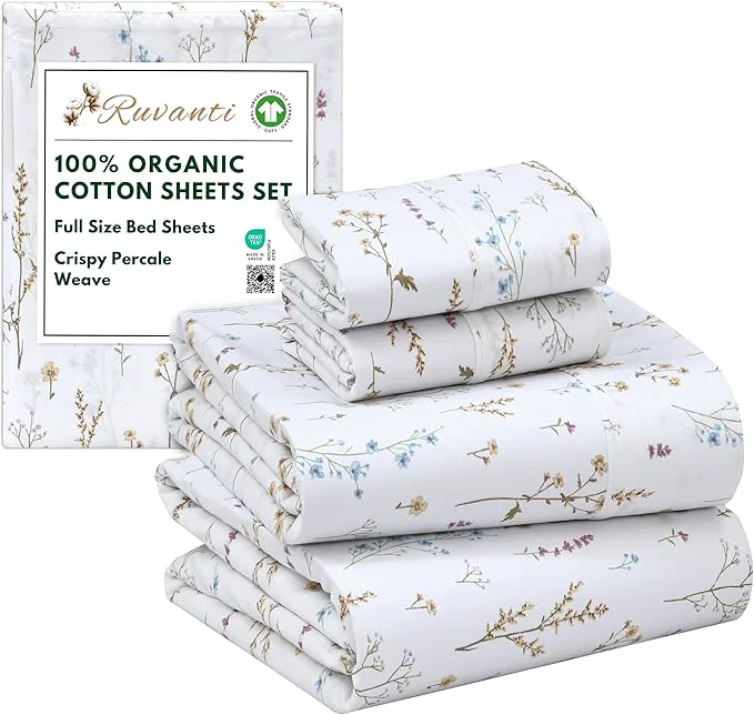 Practical RUVANTI Organic Cotton Sheets Full Size Percale Weave GOTS 4-Piece Set Deep Pocket 15 quot Crisp amp Breathable Soft Durable Bedding Sábanas Algodón Orgánico – Field Flower Exclusive