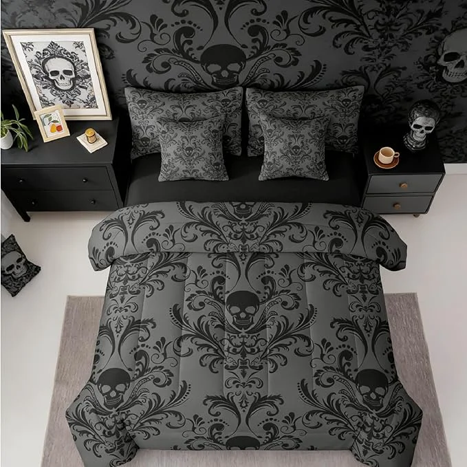 High-Quality Erosebridal Gothic Damask Bed in a Bag King Size Comforter Set 7 Pieces Sugar Skull Bedding Sets Black Grey Victorian Floral Goth Sheet Set with Comforter Detailed