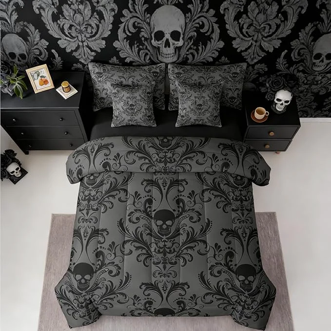 Comfortable Erosebridal Gothic Damask 7 Piece Comforter Set Full Bed in a Bag Sugar Skull Bedding Sets Black Grey Victorian Floral Goth Sheet Set with Comforter Official