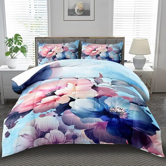 Unique Pink Floral Comforter Set Queen Size Girls Blue Flower Comforter Comen Western Boho Bedding Set Queen Blue Floral Bedding Boho Bedroom Decor Teen Girls Convenient