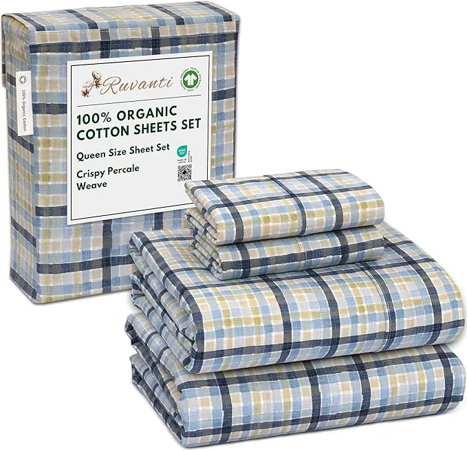 Smooth RUVANTI Organic Cotton Sheets Queen Size Percale Weave GOTS 4-Piece Set Deep Pocket 15 quot Crisp amp Breathable Soft Durable Bedding Sábanas Algodón Orgánico – Pastel Print High-End