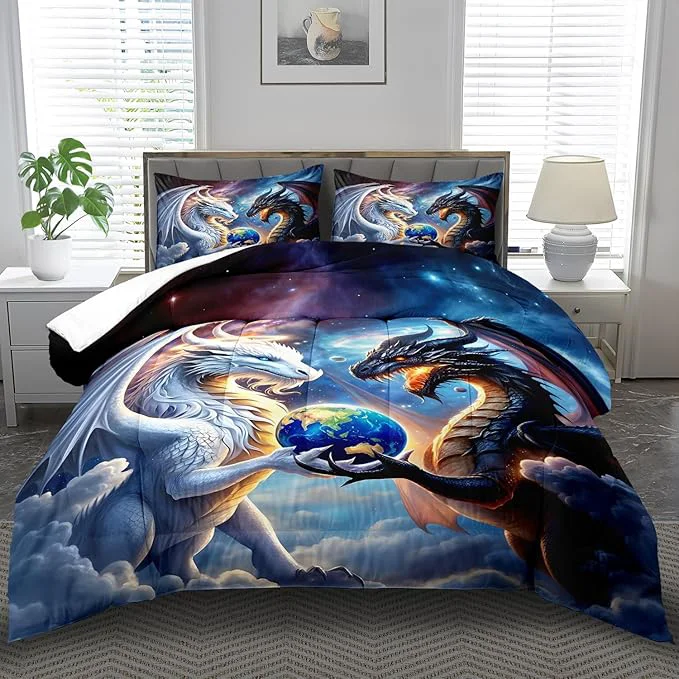 Recyclable Black White Dragon Comforter Set King Boys Flame Ancient Mysterious Creatures Fantasy Dragon Bedding Set Boys GirlsWhite and Black Comforter King Size Animals Quilt Room Decor Smooth