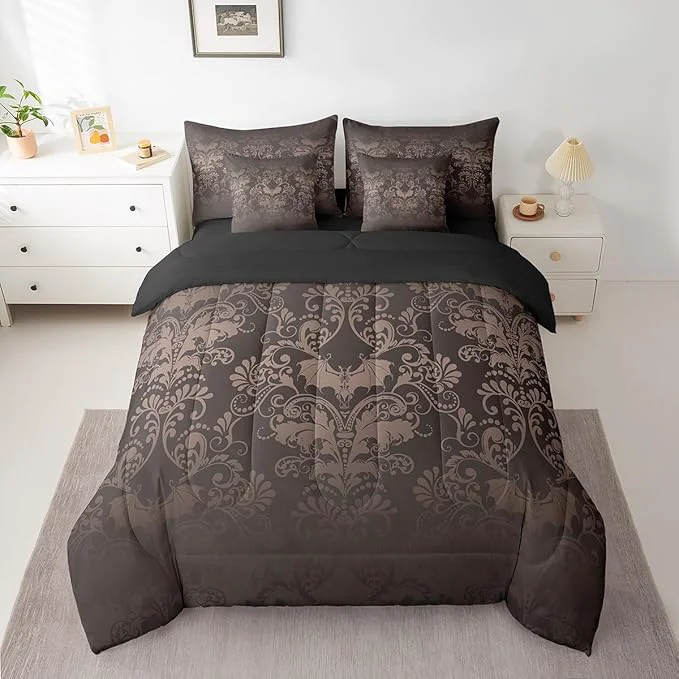 Elite Erosebridal Gothic Damask Bed in a Bag Queen Comforter Set 7 Piece Halloween Bat Bedding Sets Black Brown Victorian Floral Goth Sheet Set with Comforter Detailed