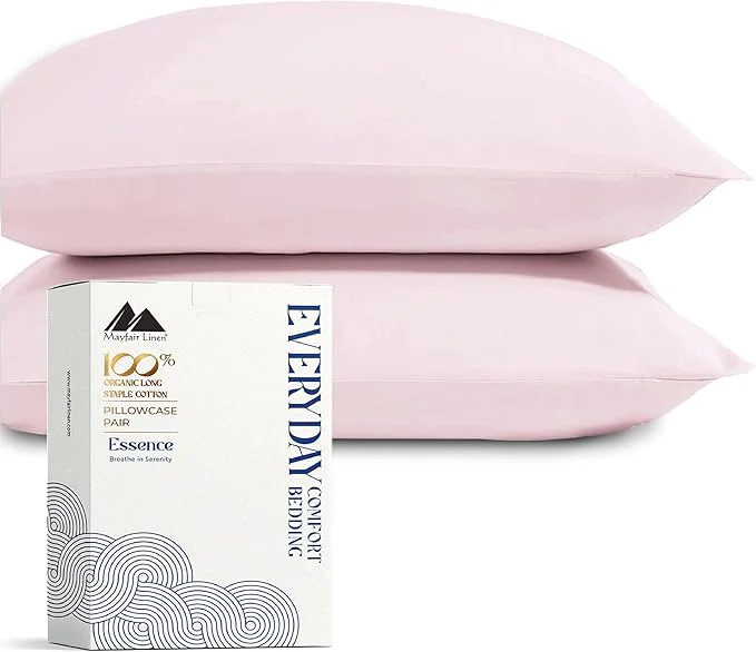 Solid Mayfair Linen Organic Cotton Percale Pillow Cases Standard Queen Size Set of 2 – Percale Pillowcases Standard Queen Soft Cooling Pillow Cases for Sleeping Cotton Pillowcovers – Blush Recyclable