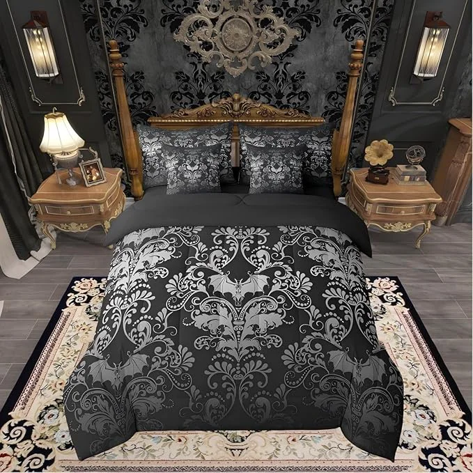 Fashionable Erosebridal Gothic Damask Bed in a Bag King Size Comforter Set 7 Pieces Halloween Bat Bedding Sets White Black Victorian Floral Goth Sheet Set with Comforter Consistent