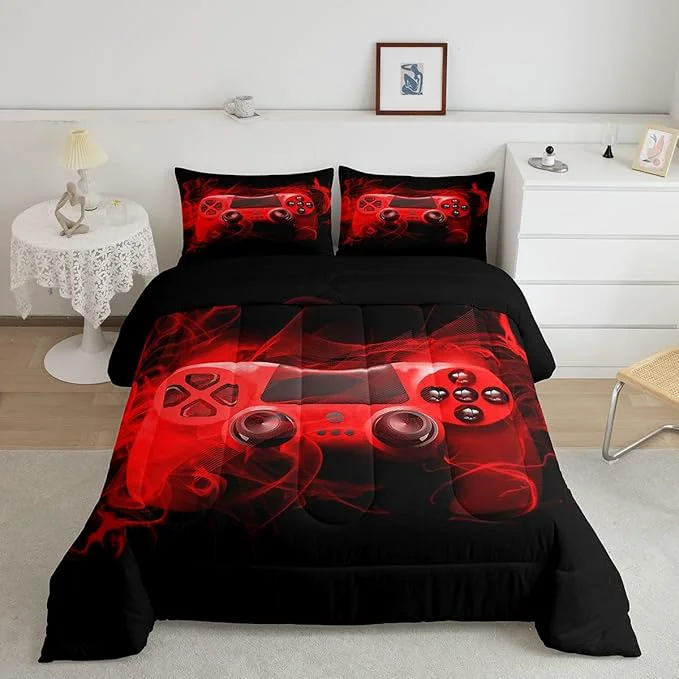 Authentic Feelyou Kids Gaming Comforter Set King Size Gamer Bedroom Decor for Boys Girls Teens Video Game Controller Bedding Set Youth Gaming Console Comforter Red Black with 2 Pillow Case Superior