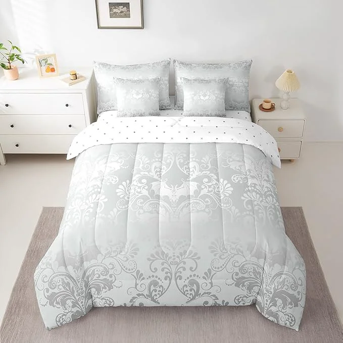 Elegant Erosebridal Gothic Damask Bed in a Bag King Size Comforter Set 7 Pieces Halloween Bat Bedding Sets Silver White Victorian Floral Goth Sheet Set with Comforter Genuine