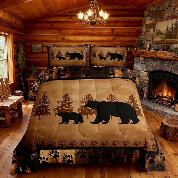 Trusted Feelyou Bear Comforter Set Queen Size Farmhouse Wild Animal Comforter Retro Cabin Lodge Bedding Set for Kids Boys Girls Brown Bear Paws Duvet Rustic Bedroom Decor Quilted 3Pcs Natural