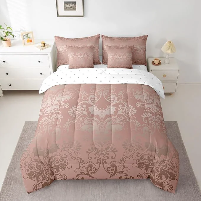 Innovative Erosebridal Gothic Damask Bed in a Bag King Size Comforter Set 7 Pieces Halloween Bat Bedding Sets Light Pink Victorian Floral Goth Sheet Set with Comforter World-Class