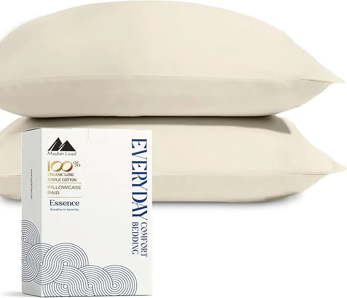 Authentic Mayfair Linen Organic Cotton Percale Pillow Cases Queen Standard Size Set of 2 – Percale Pillowcovers Standard Queen Ivory Soft Cooling Pillow Case for Sleeping Cotton Pillowcases Durable