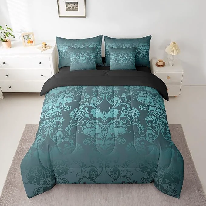 Certified Erosebridal Gothic Damask Bed in a Bag King Size Comforter Set 7 Pieces Halloween Bat Bedding Sets Turquoise Victorian Floral Goth Sheet Set with Comforter Versatile