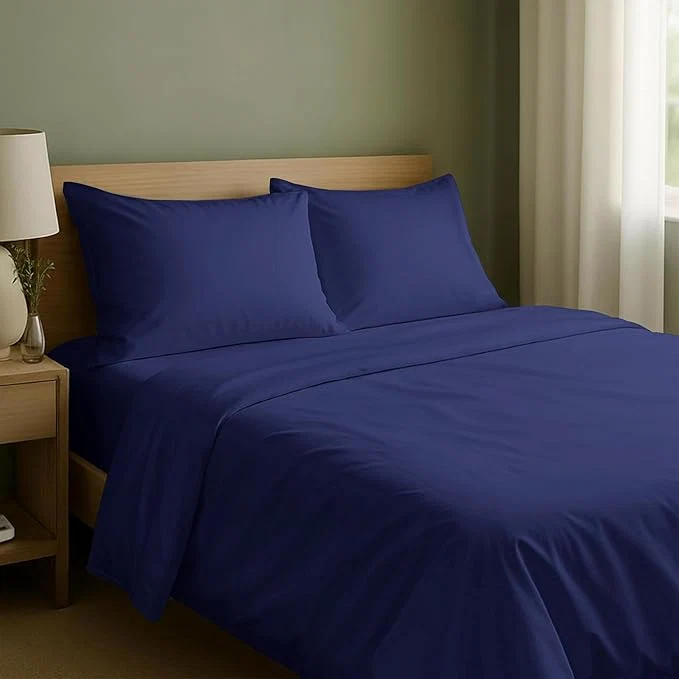 Unique California Design Den Natural Cotton Sheets Full Size Bed Set with Deep Pockets – Soft Sateen Weave Durable Full Size Sheets Navy Blue
