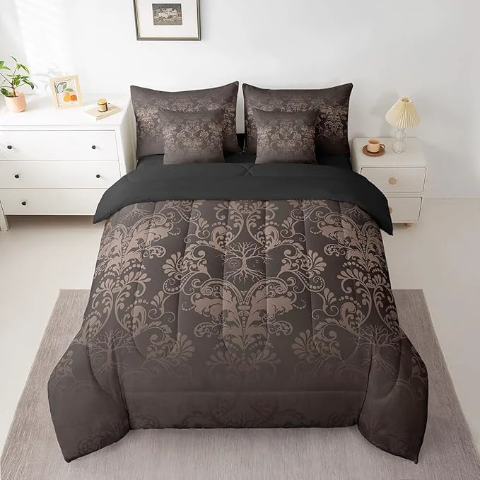 Next-Generation Erosebridal Gothic Damask Bed in a Bag King Size Comforter Set 7 Pieces Sun Moon Tree of Life Bedding Sets Black Brown Victorian Floral Goth Sheet Set with Comforter Breathable