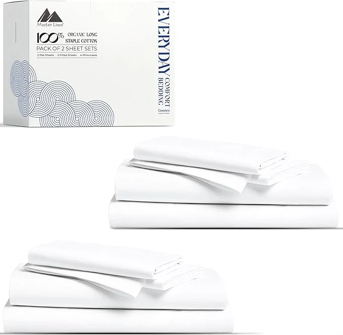 Contemporary Mayfair Linen Organic Cotton Percale Sheets Queen Size Pack or 2 – Soft amp Crisp Organic Cotton Sheets Queen Size 8 PC White Fully Elasticized Eco Friendly Naturally Cooling Percale Sheet Set Practical