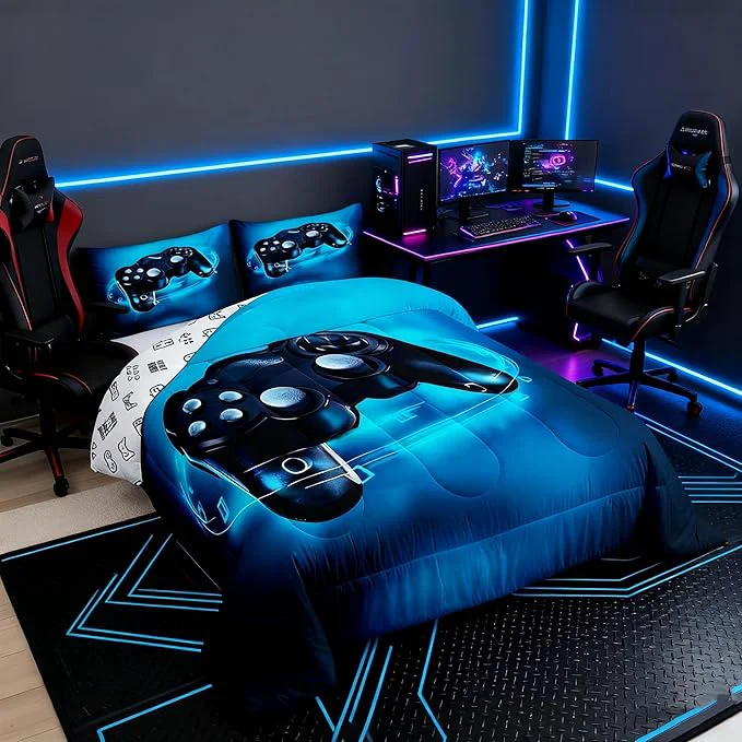 User-Friendly Feelyou Queen Size Gaming Comforter Set for Boys Gamer Bedding Set for Teens Kids Gamer Room Decor Blue Video Games Comforter Duvet Set Gamepad Quilted All Season 1 Comforter with 2 Pillow Cases Casual