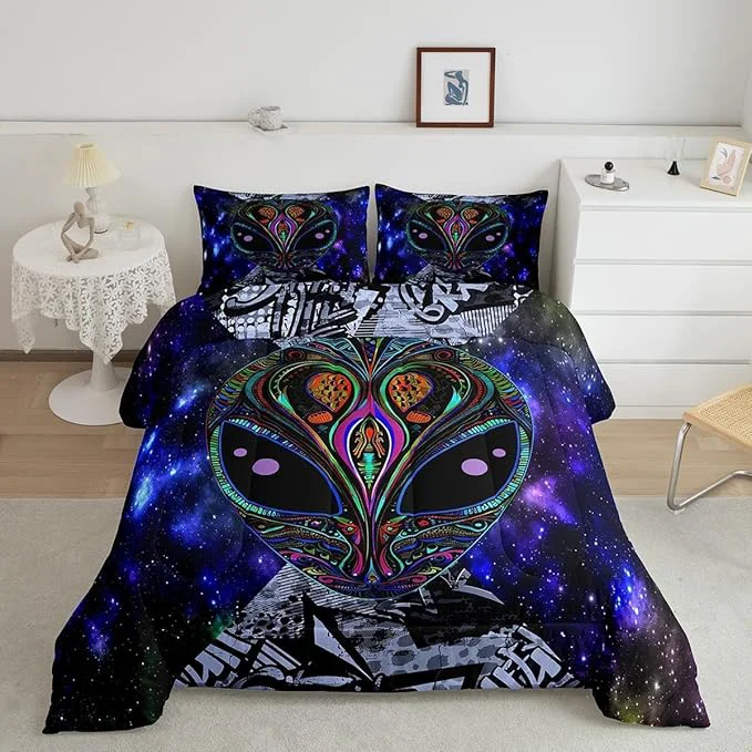 Reusable Feelyou Alien Printed Comforter Kids Galaxy Outer Space Themed Bedding Set Boys Girls Trippy Alien Hippie Skull Decor Comforter Set Colorful Tie Dye Quilted Duvet Bedroom Bed Set Toddler Size Eco-Friendly