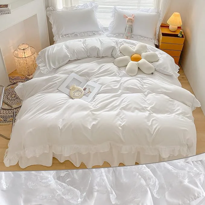 Powerful MOOWOO Chic Ruffle Lace Polyester Duvet Cover Set -Girl White Bedding-3 Piece Queen Duvet Cover with Zipper Closure -Ultra Soft and Light Weight White Queen -No Comforter Original