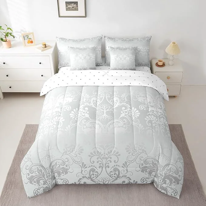 Optimized Erosebridal Gothic Damask Bed in a Bag King Size Comforter Set 7 Pieces Sun Moon Tree of Life Bedding Sets Silver White Victorian Floral Goth Sheet Set with Comforter Contemporary